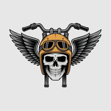 Kanatlı klasik bir kask takan kalın kafatası çarpıcı bir motosiklet çizimi oluşturur