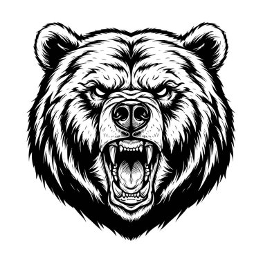 Ayrıntılı siyah-beyaz ayı kafası ve kükreyen ağzı