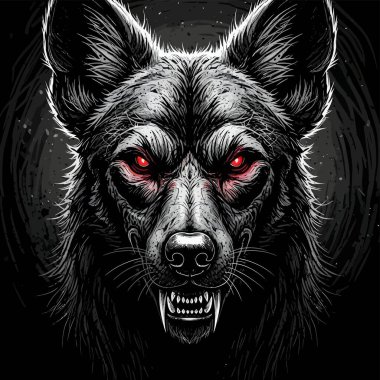 Parlayan kırmızı gözlü, tehditkar bir siyah kurt ileriye bakar.