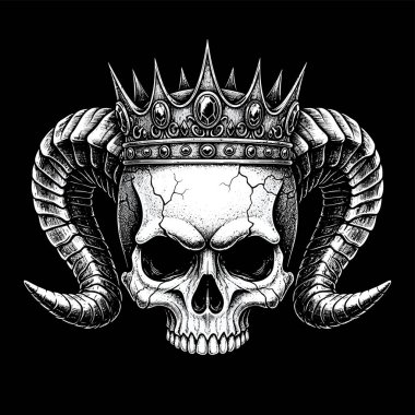 Kıvırcık boynuzlu, mücevherli bir taç takan ayrıntılı kafatası.