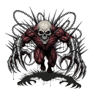 Dikenli uzuvları ve gölgeli zemini olan zincirlenmiş bir iskelet canavarı.