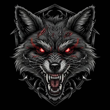 Parlayan kırmızı gözleri ve detaylı metalik tasarımı olan vahşi bir kurt başının dramatik bir şekilde yakın çekimi.