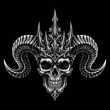 Karmaşık gotik detaylarla boynuzlu bir kafatasını kapatın.