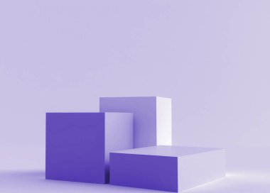 Yumuşak lavanta arkaplan üzerinde mor geometrik blokların yer aldığı minimal bir kompozisyon, modern şekiller ve yumuşak gölgeler yaratır..