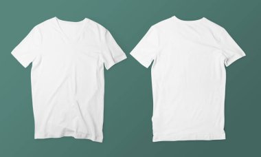 Moda ve ürün modelleri için uygun bir arkaplanda yan yana sergilenen iki sade beyaz tişört..