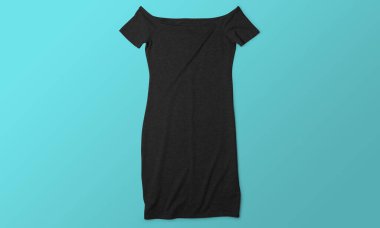 Parlak turkuaz arka planda sergilenen parlak siyah bir elbise minimalist moda tarzını ön plana çıkarıyor..