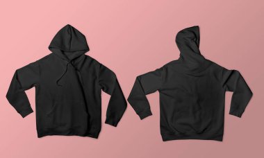 İki siyah kapüşonlu düz bir zemine seriliyor, günlük sokak kıyafetleri ve günlük kıyafetler sergileniyor..