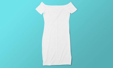 Basit bir beyaz elbise, turkuaz mavisi bir stüdyonun arka planında sergileniyordu. Temiz çizgiler ve ürün ve yaşam tarzı tasvirleri için minimalist moda sunumu sergileniyordu.