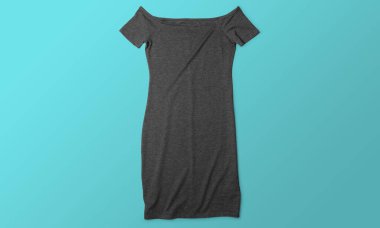 Temiz moda ve ürün fotoğrafçılığı için parlak bir deniz mavisi arkaplanı üzerine parlak siyah bir elbise serilir..