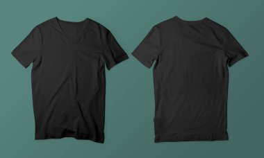 Moda ürünü fotoğrafçılığı ve hisse senedi tasvirleri için iki siyah tişört düz bir zemine dizilmişti.