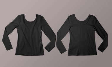 İki siyah uzun kollu bluz düz bir zemin üzerinde sergileniyor. Basit bir yaşam tarzı çekiminde minimalist bir moda sergiliyor..