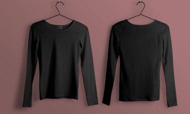 İki siyah uzun kollu gömlek pembe bir duvara asılı duruyor. Ürün kataloğu ve yaşam stili için uygun minimum stüdyo moda düzeni.