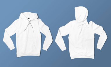 Yaşam tarzı ve ürün fotoğrafçılığı için açık mavi bir arkaplanda iki beyaz kapüşonlu ceket.