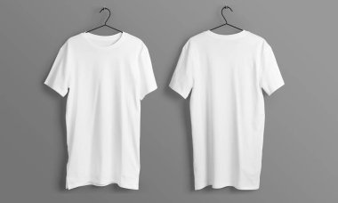 Tarafsız gri arka planda asılı duran bir çift düz beyaz tişört, basit bir moda ve ürün gösterimi sunar..