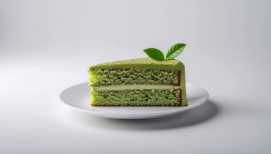 Parlak yeşil kibritli pasta dilimi kremalı ve naneli süslemeli temiz beyaz tabakta duruyor..