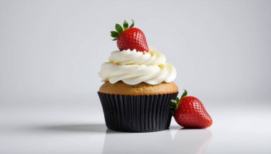 Beyaz kremalı ve parlak çilekli tek bir çikolatalı kek. Tatlı çekimi için tasarlanmış..