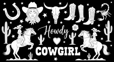 Kovboy kız silueti batı motiflerinin ortasında. At kaktüsleri ve yıldızlar.