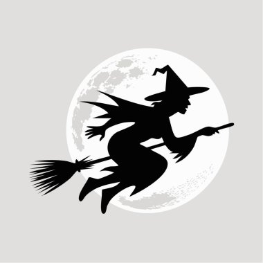 Süpürgeyle uçan bir cadının karanlık silüeti dolunay arka planında cadının ana denek olarak odaklanması.
