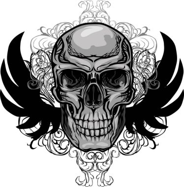 Merkezi kafatasına odaklanmış ayrıntılı filigran tasarımı ile ayrıntılı kanatlı kafatası