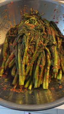 Pa kimchi, a flavorful Korean side dish made with scallions, fermented in a spicy, tangy seasoning. Perfect for enhancing meals, this vibrant dish captures the essence of traditional Korean cuisine.