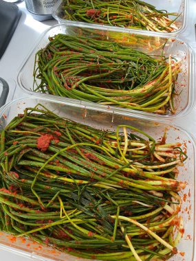 Pa kimchi, a flavorful Korean side dish made with scallions, fermented in a spicy, tangy seasoning. Perfect for enhancing meals, this vibrant dish captures the essence of traditional Korean cuisine.