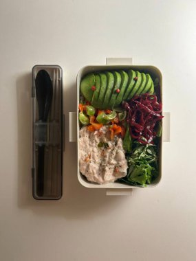 Bento or dosirak box filled with rice, assorted side dishes, vegetables, and protein like meat or fish, all neatly arranged to create a balanced, colorful, and visually appealing meal