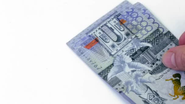 Man Counting Kazakhstani 000 Tenge Banknotes White Surface Savings Financial — Stock Video