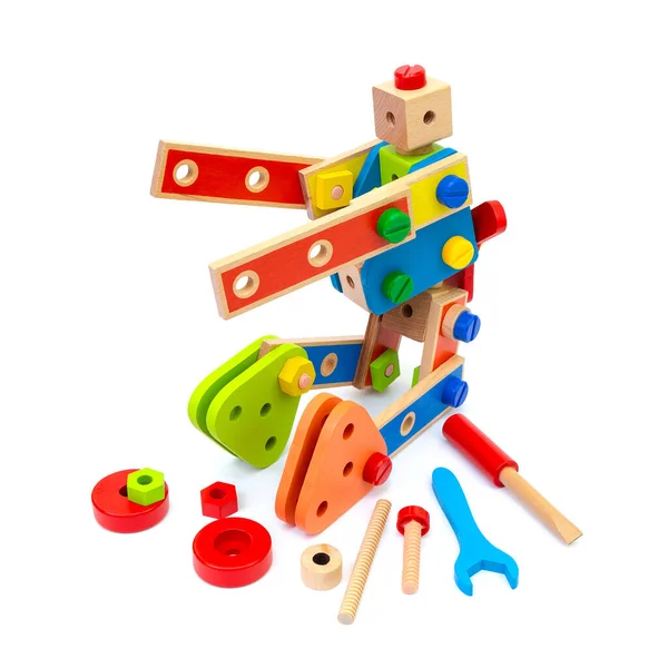 Barevná Dřevěná Robotická Hračka Nástroji Izolovanými Bílém Pozadí Koncept Předškolního Royalty Free Stock Fotografie