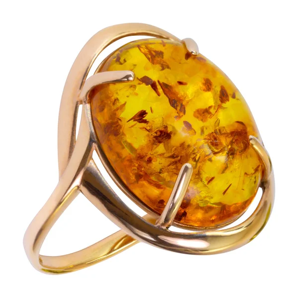 Gouden Ring Met Amber Geïsoleerd Witte Achtergrond Close Stockafbeelding