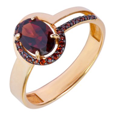 Kırmızı değerli taşlı altın yüzük beyaz arkaplanda izole edilmiş, yakın plan.