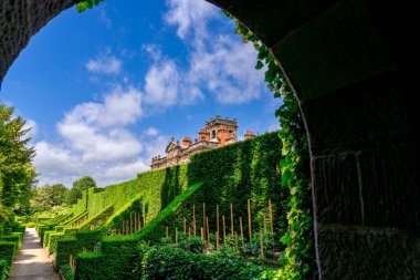 Viktorya Malikanesi. Sarmaşık kaplı bir kemer yolu tarafından çerçevelenmiş yemyeşil bahçeler.