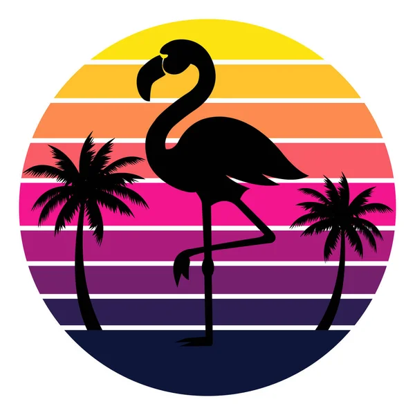 Palm Trees Vektörlü Retro Summer Sunset Flamingo Silueti