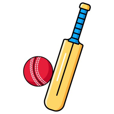 Kırmızı bir kriket topu, ahşap bir sopa ve parlak mavi bir arka plana karşı beyaz kalecilerin yer aldığı dinamik bir ikon. Spor, oyunlar ve kriketle ilgili içerik için mükemmel.