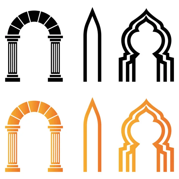 Klasik Roman kemerleri, İslami pencere çerçeveleri ve sivri gotik bir kemer de dahil olmak üzere çeşitli mimari öğelerin toplanması. Hem siluet hem de renkli stiller.