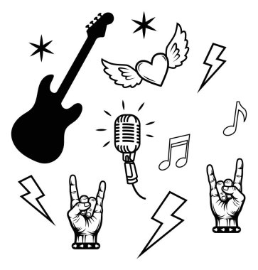 Gitar, mikrofon ve rock el hareketi gibi rock 'n roll sembollerinin dinamik koleksiyonu.