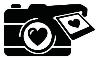 Fotoğraf makinesi illüstrasyonu aşkı için kalp şeklindeki lens ve polaroid fotoğraf sembolüne sahip siyah kamera simgesi