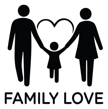 Çocuklu ve kalbi olan bir ailenin siyah siluetleri. Aile sevgisi kavramı. Vektör çizimi.