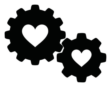 Aşk ve mekanik kavramının merkezinde kalp şekilli iki vites simgesi Vektör çizimi