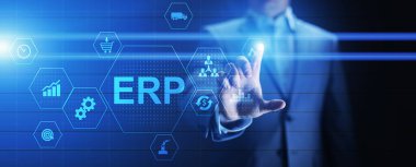 ERP - Sanal ekran üzerinde Atılgan kaynak planlaması işi ve modern teknoloji kavramı.