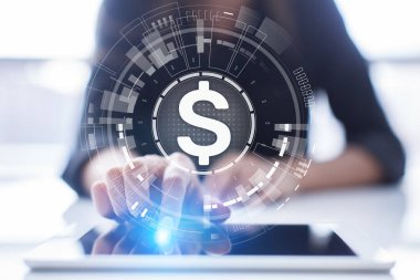 Sanal ekranda dolar simgeleri. Para birimleri Forex ticaret ve finans piyasası kavramı. Dijital bankacılık ve büyüme.