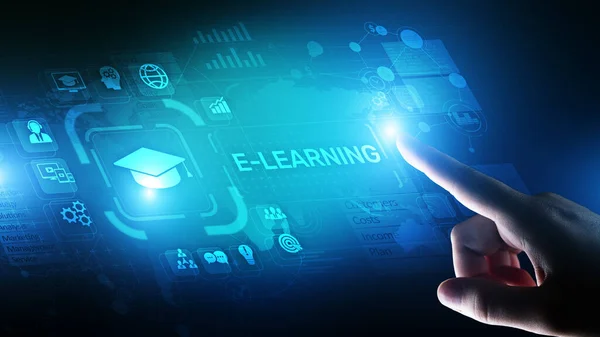 E-Learning, Online-Bildung, Internet-Studium. Geschäfts-, Technologie- und Persönlichkeitsentwicklungskonzept auf virtuellem Bildschirm — Stockfoto