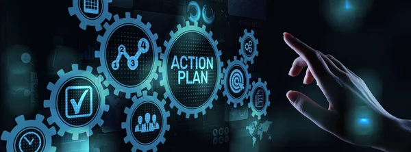 Plan de acción concepto de desarrollo de estrategia de negocio en pantalla virtual. — Foto de Stock
