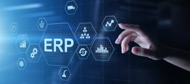 ERP - Sanal ekran üzerinde Atılgan kaynak planlaması işi ve modern teknoloji kavramı.