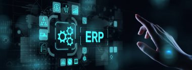 ERP - Sanal ekran üzerinde Atılgan kaynak planlaması işi ve modern teknoloji kavramı.