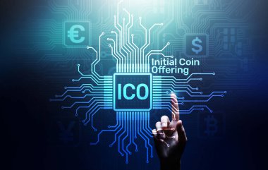 ICO - Sanal ekranda ilk madeni para teklifi, Fintech, Mali ve kripto para ticareti kavramı.