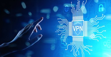 Sanal ekranda VPN sanal özel ağ internet erişimi güvenlik ssl vekil sunucu teknolojisi konsept düğmesi.
