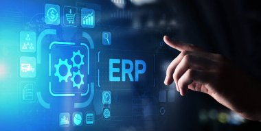 ERP - Sanal ekran üzerinde Atılgan kaynak planlaması işi ve modern teknoloji kavramı.