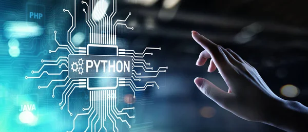 Python 고급 프로그램 언어입니다. 가상 화면 에서의 애플리케이션 과 웹 개발 개념. — 스톡 사진