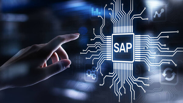 SAP - программное обеспечение для автоматизации бизнес-процессов. Концепция системы планирования ресурсов предприятия ERP на виртуальном экране.