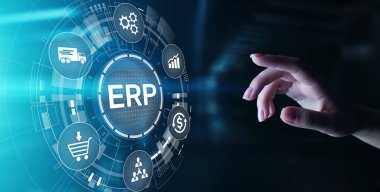 ERP - Sanal ekran üzerinde Atılgan kaynak planlaması işi ve modern teknoloji kavramı.